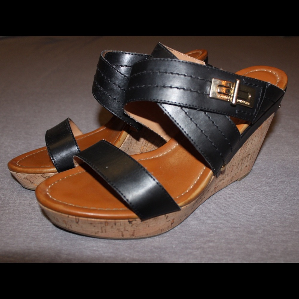 Tommy Hilfiger Black Mili II Leather Wedge Sandals